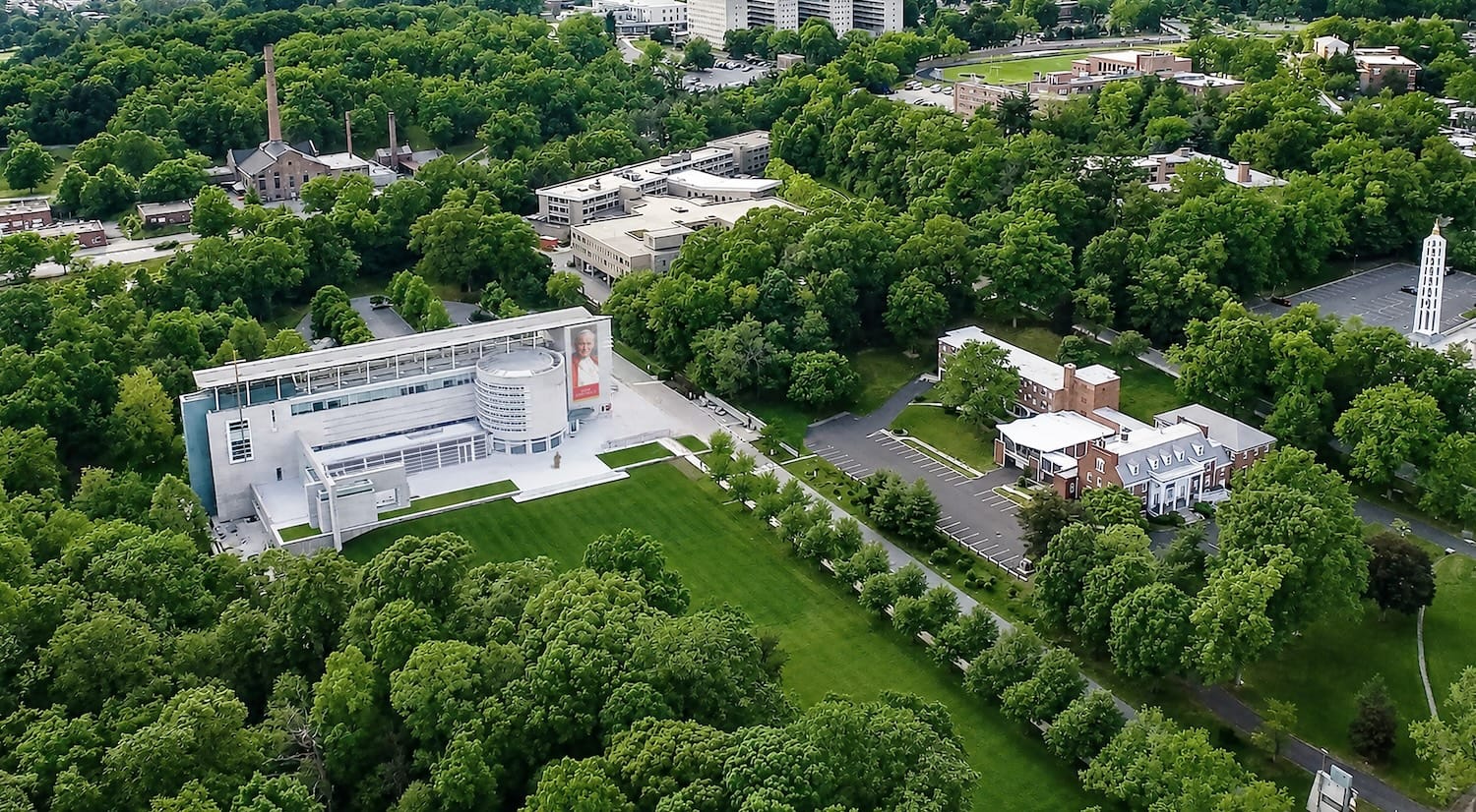 An aerial view shows the Saint John Paul II National Shrine (left) and the new Saint John Paul II Retreat House (right). (Knights of Columbus)